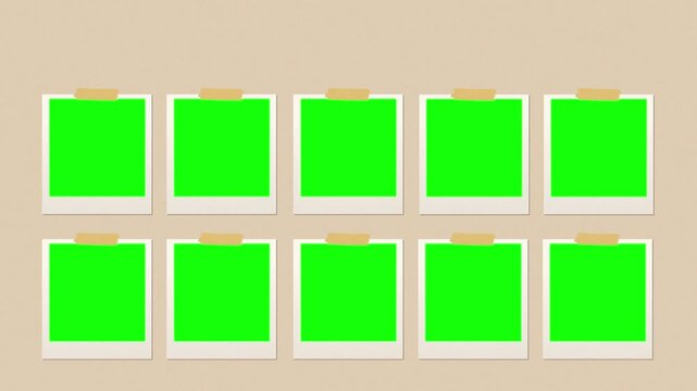 Polaroid frames with green centers are mounted in two rows against a plain beige background for creative display.