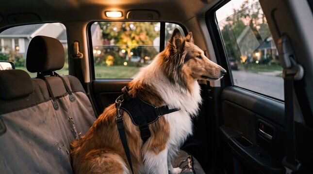 Collie dog sitting in the back seat of a car looking out the window