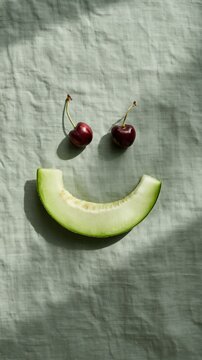 A minimalist flat lay of a smile made from a slice of melon and two cherries arranged on a soft green linen surface with gentle shadows and a playful cheerful mood