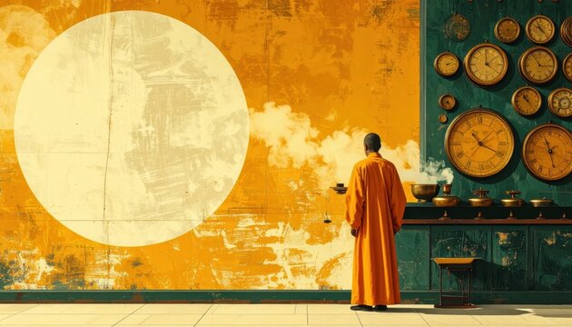 Surreal concept of time featuring a Buddhist monk in orange robes standing before a wall of antique clocks and a large white circle with ample copy space for text.