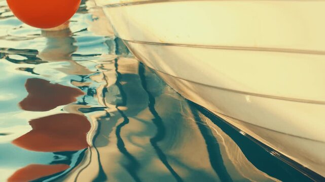 Cinematic vintage abstract footage of water ripples creating distorted reflections of a white boat hull and a bright orange buoy on the sea surface.