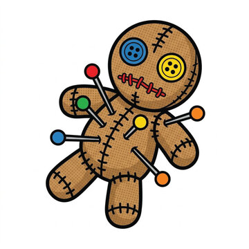 Creepy voodoo doll with pins, a spooky object for Halloween or dark magic themes, illustration