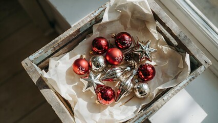 Obraz premium Festive Christmas Ornaments in a Rustic Wooden Box for Holiday Decoration