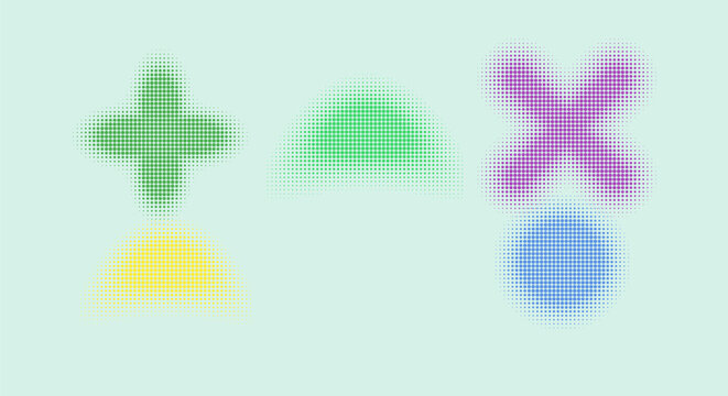 Colorful halftone shape collection with cross and semicircle elements on soft green backdrop for digital creative projects.