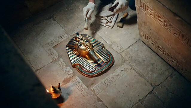 Restorer working on ancient Egyptian artifact in archaeological excavation site