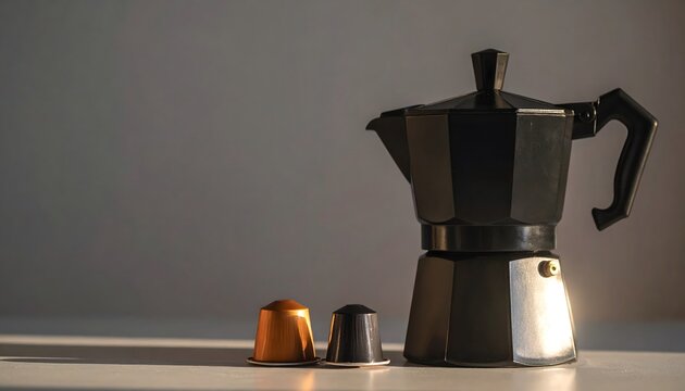 Cafetera italiana de aluminio con dos c&aacute;psulas de caf&eacute; sobre una superficie clara y fondo oscuro minimalista