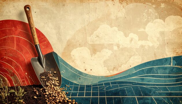 Vintage Illustration of a Gardening Trowel with Seeds and Soil on a Textured Background with Copy Space