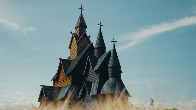 Heddal Stave Church stands beneath a vivid blue summer sky in Telemark, Norway. The low-angle perspective emphasizes the intricate wooden construction, soaring spires, and timeless medieval crafts.