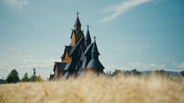 Heddal Stave Church rises beyond a golden grain field under a clear summer sky in Telemark, Norway. The low-angle composition highlights the iconic wooden structure, spires and landmark.