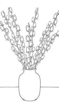 Willow branches in vase &mdash; coloring page for Palm Sunday in minimalist botanical meditation and Orthodox tradition style
