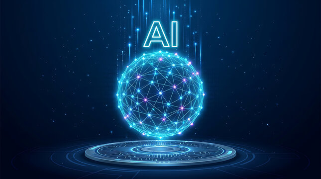 Glowing blue a i text above digital sphere on futuristic platform artificial intelligence technology