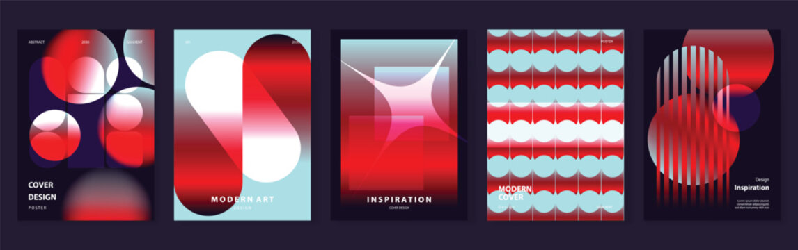 Abstract gradient poster background vector set. Modern cover templates with colorful geometric shapes and optical illusion design for social media, banner and wallpaper.
