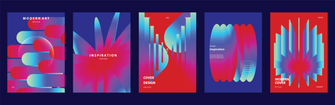 Abstract gradient poster background vector set. Modern cover templates with colorful geometric shapes and optical illusion design for social media, banner and wallpaper.