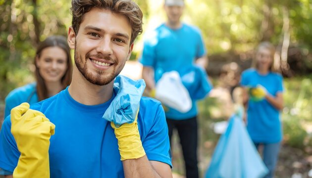 Grupo de voluntarios recogiendo residuos en un parque con guantes y bolsas azules durante una actividad de limpieza comunitaria