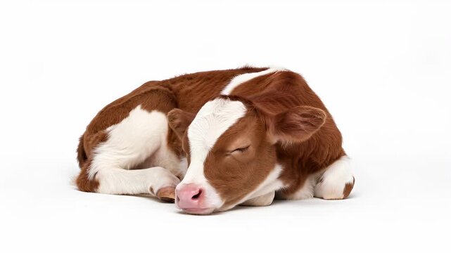 A high-quality studio video of a cute brown and white calf sleeping peacefully curled up on a clean white isolated background
