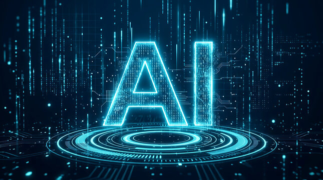 Glowing cyan a i letters on futuristic digital circuit background artificial intelligence technology