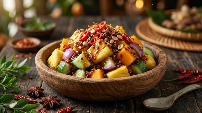 Traditional Indonesian Rujak Buah dessert consisting of sliced tropical fruits and sweet chili sauce.