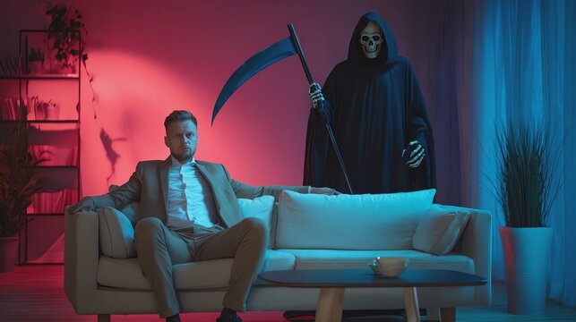 A man confronts his fears in dramatic lighting.