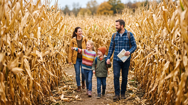 Happy family walking through a corn maze during an autumn harvest festival.