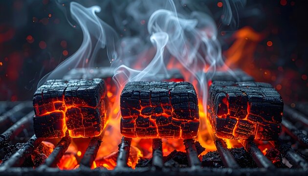 Tres piezas de carne as&aacute;ndose sobre una parrilla con brasas intensas, llamas y humo en primer plano