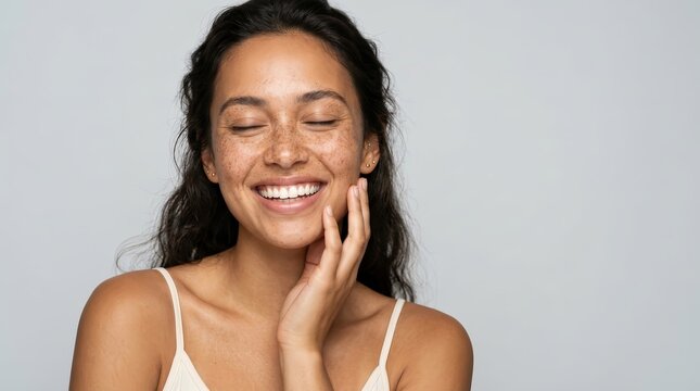Portrait of a happy acne prone woman with freckles against a minimalist grey background.
