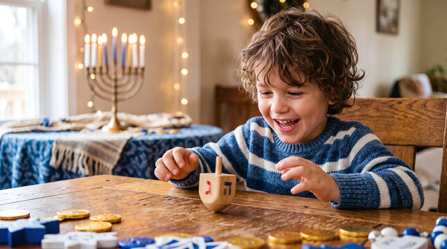 Happy young boy spinning a wooden dreidel during Hanukkah festival celebration