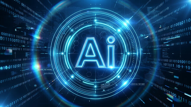 Glowing neon blue a i letters inside digital circular interface with binary code artificial intelligence