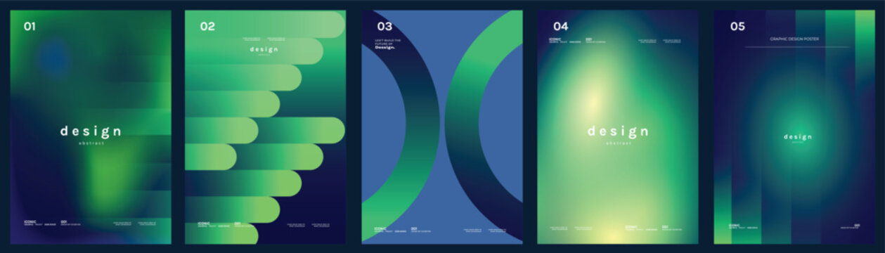 Abstract gradient poster background vector set. Modern cover templates with colorful geometric shapes and optical illusion design for social media, banner and wallpaper.