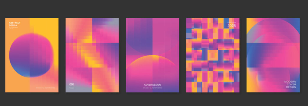 Abstract gradient poster background vector set. Modern cover templates with colorful geometric shapes and optical illusion design for social media, banner and wallpaper.