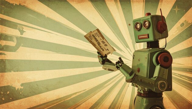 Retro Vintage Robot Holding Cash on Distressed Sunburst Background with Copy Space for Text
