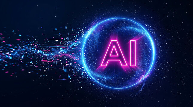 Neon a i letters glowing pink inside blue energy circle with particle explosion artificial intelligence