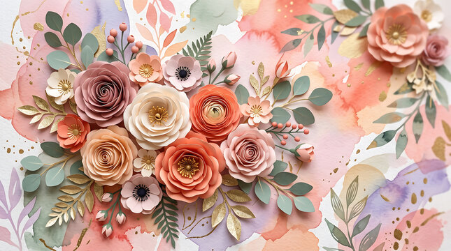 Dimensional paper floral bouquet on abstract watercolor backdrop