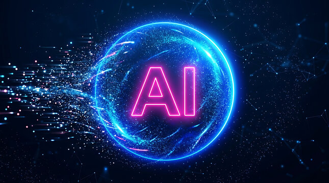 Neon a i letters inside glowing blue sphere with particle explosion artificial intelligence pink