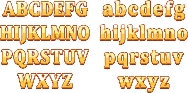 Golden Comic Alphabet Font Set with Bold Uppercase and Lowercase Letters for Kids Party Graphics, Game UI Design, and Fun Banner Text