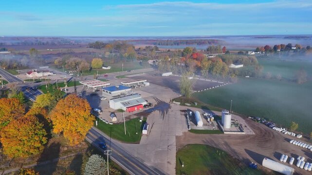 Aerial view of a fuel station and propane refill plant in Ionia, Michigan, USA