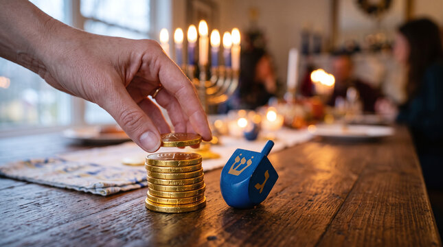 Hand placing chocolate gelt on a stack next to a blue dreidel for Hanukkah