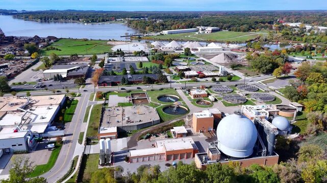 Water treatment plant and digester tanks aerial view in Holland, Michigan, USA