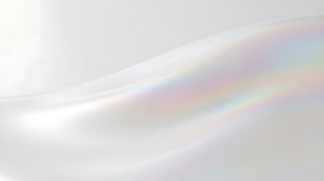 Abstract pearlescent white flowing fabric texture with soft iridescent light reflections with elegant minimalist aesthetic displays smooth pearlescent light refractions with holographic