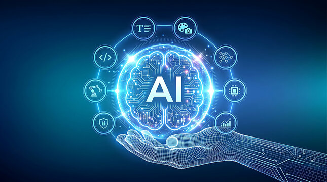 Wireframe hand holding glowing a i brain surrounded by technology artificial intelligence