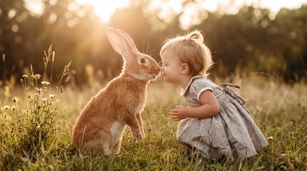 Fototapeta premium A fairytale moment showing a toddler and a giant rabbit touching noses at golden hour.