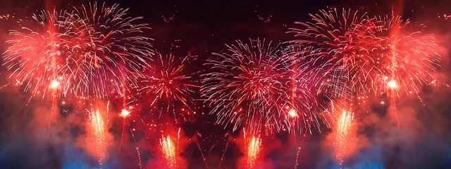 Silvester 2027 New year New Year's Eve Party, new years eve background banner panorama long- red firework fireworks on rustic dark blue night sky texture © Corri Seizinger