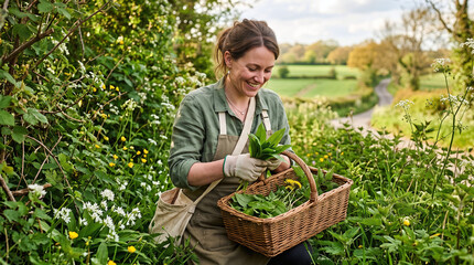 Fototapeta premium Happy woman foraging wild garlic and herbs into a basket in the countryside