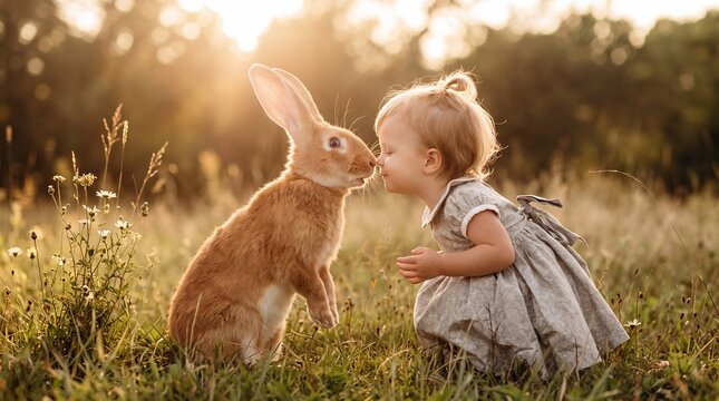 A fairytale moment showing a toddler and a giant rabbit touching noses at golden hour.