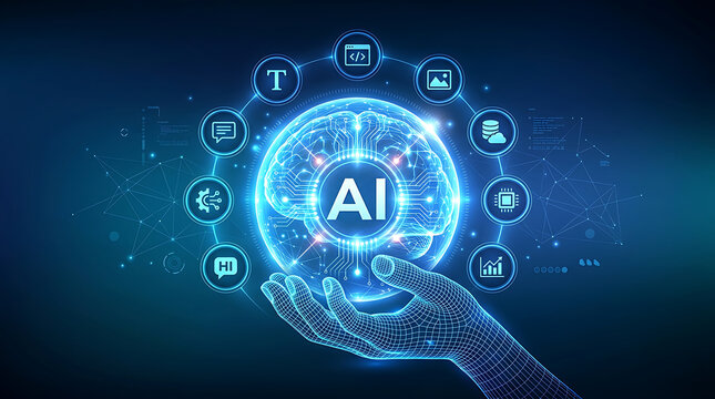 Wireframe hand holding glowing a i brain with connected digital artificial intelligence