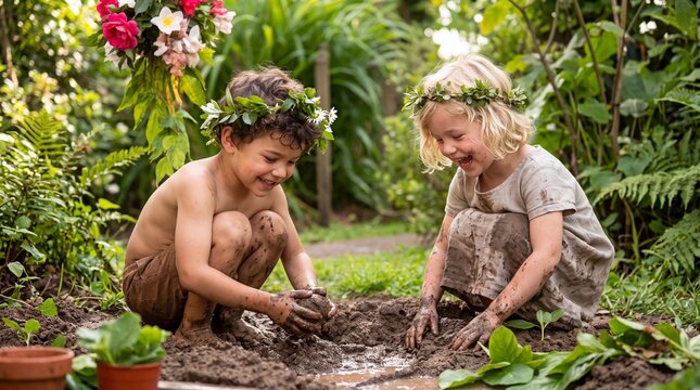 A joyful summer capture of siblings having fun and getting messy in a backyard garden setting.