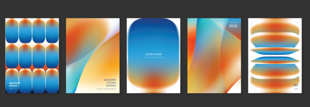 Abstract gradient poster background vector set. Modern cover templates with colorful geometric shapes and optical illusion design for social media, banner and wallpaper.