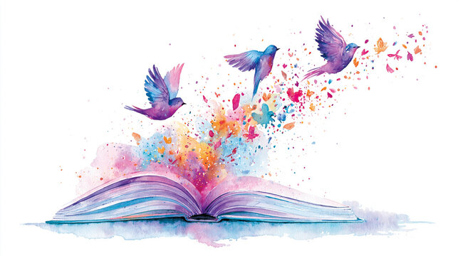 An open book releasing colorful birds and butterflies, symbolizing imagination, creativity, and the magic of storytelling in a vibrant watercolor style.