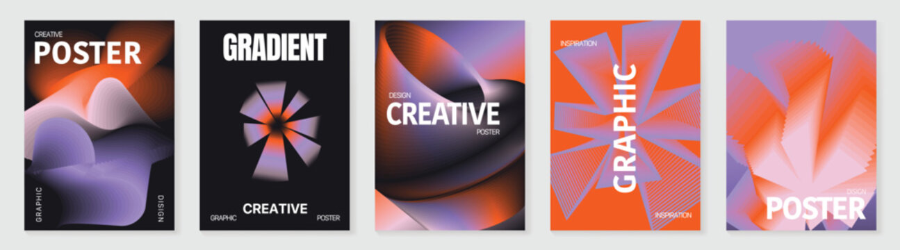 Abstract gradient poster background vector set. Modern cover templates with colorful geometric shapes and optical illusion design for social media, banner and wallpaper.