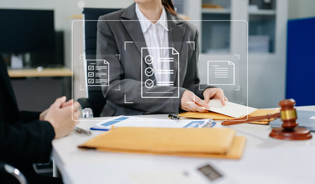 Professional attorney reviewing contract files and checklist icons, representing legal compliance, audit, and document approval.