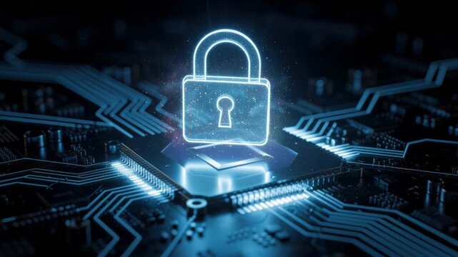 Digital security concept with glowing lock icon on futuristic circuit board for cybersecurity protection